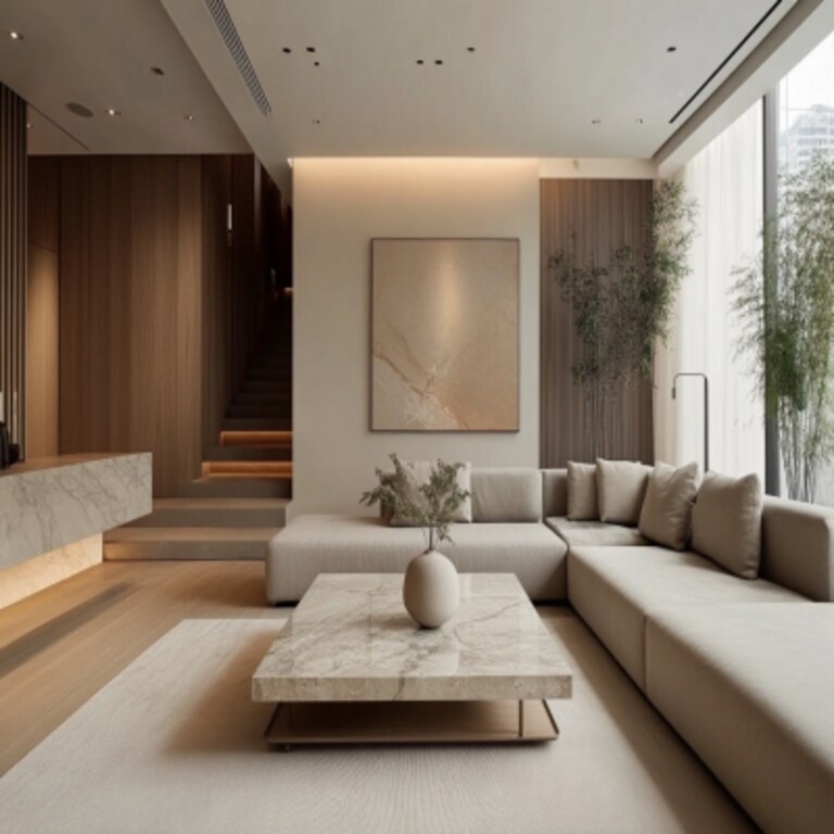 Contemporary Living Room Design with L-Shape Sofa and Marble Table